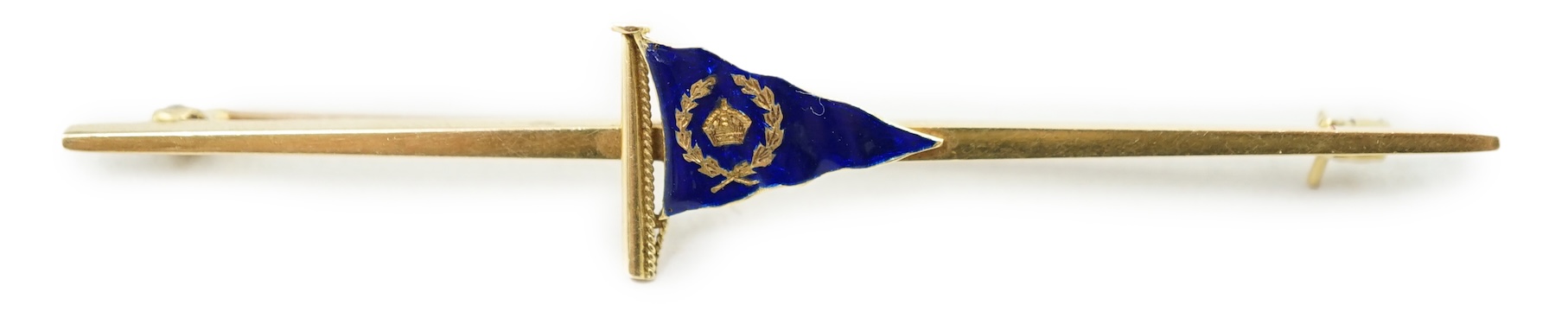 An early 20th century Benzies of Cowes 18ct gold and enamel ensign bar brooch